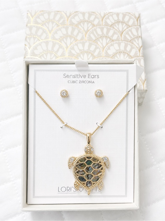 Lori’s gifts Jewelry - Gold Turtle Pendant Necklace & CZ Stud Earrings Multicolor Inlay NIB
